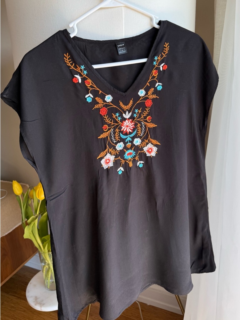 SHEIN Black V-Neck Tunic or Swim coverup with Multicolor Floral Embroidery
